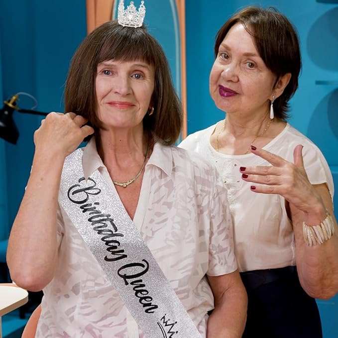 Birthday Queen Sash for Women Tiara & Crowns Headbands for Girls Happy Birthday Party Accessories Favor Supllies Leona Black Silver Pink, 2 Pack