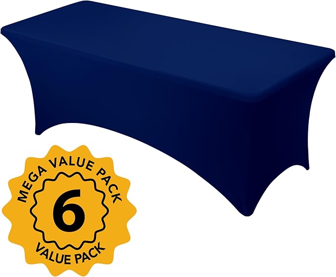 6-Pack Premium Navy Blue Spandex Tablecloths for 8ft Rectangle Tables, Stain & Wrinkle-Resistant, Washable Stretch Polyester Fitted Table Cover for Weddings, Banquets, Trade Shows Events