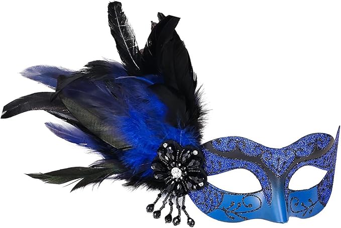 Masquerade Mask for Women Shiny Venetian Mask for Halloween Mardi Gras Costume Party Ball with Feather flower dec.