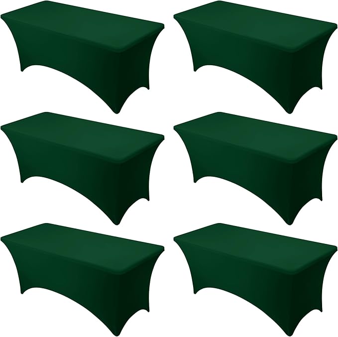 6-Pack Premium Hunter Green Spandex Tablecloths for 6ft Rectangle Tables, Stain & Wrinkle-Resistant, Washable Stretch Polyester Fitted Table Cover for Weddings, Banquets, Trade Shows Events