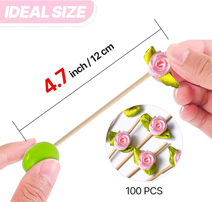 PuTwo Cocktail Picks 4.7 Inch 100pcs Bamboo Fancy Skewers Toothpicks for Appetizers Pink Rose Flower Toothpicks for Food Drink Fruit Sandwich Charcuterie Boards Accessories Wedding Party Supplies
