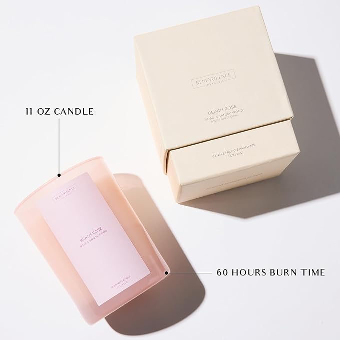 Rose & Sandalwood Scented Candle | 11oz, 60 Hour Burn | Natural Soy Wax, Cotton Wick | Fall & Holiday Candles | Christmas Scented Candles for Home | Benevolence LA Sun-Kissed Collection - Beach Rose