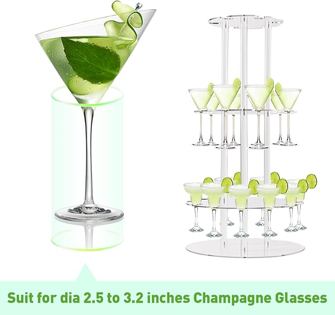 Champagne Tower, Circle Acrylic Champagne Display Rack Stand with 28 Slots, 3 Tier Floating Sight Champagne Flute Holder for Party, Wedding, 13.4x13.4x25.5 inch