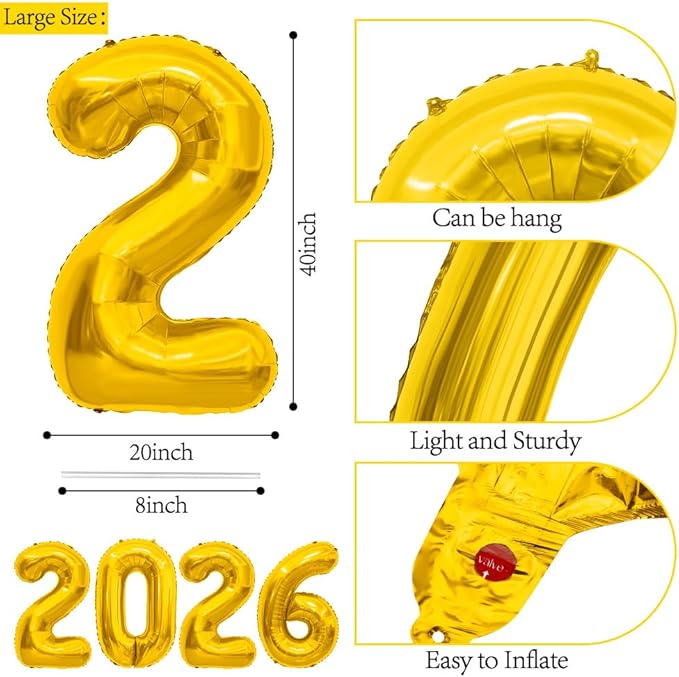 2026 Balloons, 40 Inch 2026 Number Balloons Gold 2026 Balloon Large Foil New Year Balloon Numbers 2026 Mylar Baloons for Birthday Christmas Graduation New Years Eve Party Supplies Decorations