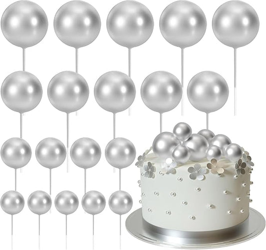 ASTARON 20 Pcs Ball Cake Topper Decorations Mini Balloons Cake Topper Sticks Silver Cake Balls for Graduation Wedding Birthday Cake Decorations
