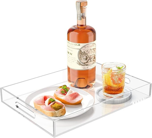 Acrylic Serving Trays with Handles, 16"x 12" Rectangle Sturdy Breakfast Tray, Clear Decorative Trays Organiser for Bedroom, Kitchen, Living Room, Bathroom, Hospital and Outdoors