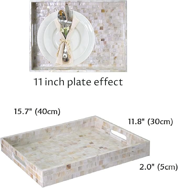 PEMAR Rectangular Mother of Pearl Serving Tray Nacre Wood Lap Ottoman Tray for Coffee Table, Luxury Decorative Handmade Eating Platters w Insert Handles (White Cream)