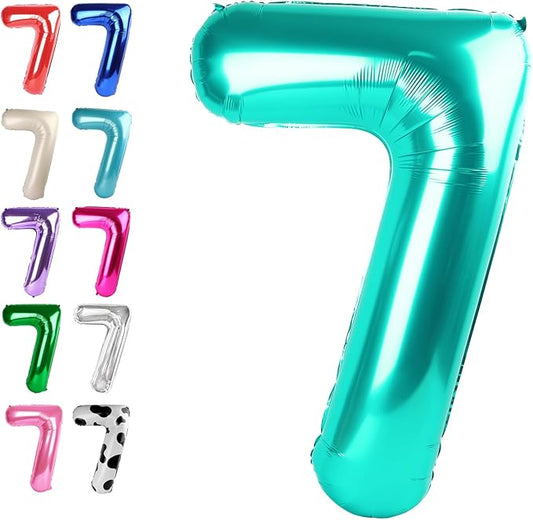 Digital Number 7 Teal Blue Birthday Balloon 40 Inch, Foil Balloons for 7 17 27 70 77 Party Decorations Supplies, Teal Blue Mylar Numbers Balloon for Seven Wedding Anniversary