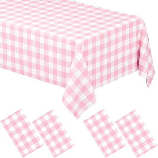 4 Pack Pink Gingham Tablecloth Rectangular Pink and White Checkered Tablecloths Disposable Plastic Pink Plaid Table Cover for Parties, Outdoor Picnic, Birthday, Wedding, Camping 54 × 108 Inch