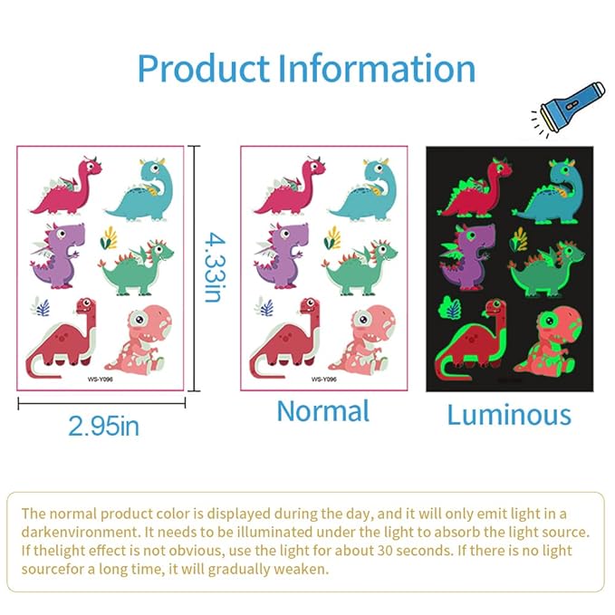 Dinosaur Glow Temporary Tattoos for Kids,Dinosaur theme Luminous Tattoos Stickers,Glow In The Dark Tattoos for Boys and Girls,Face Makeup Fake Tattoo,Holiday Party Supplies Gifts for Children