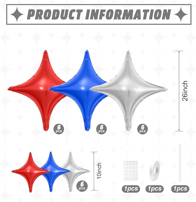 Red Blue Silver Star Balloons,12Pcs Four Angle Star Foil Balloons,26Inch and 10Inch Red Blue Quadrangle Helium Balloon for 4th of July Independence Day Patriotic Birthday Usa Party Decorations