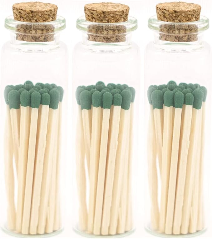 River Birch Forest Green Tip Decorative Matches | 60+ Small Premium Wooden Safety | 3 Bottles of 20+ Each with Striker on Bottom | Home Decor