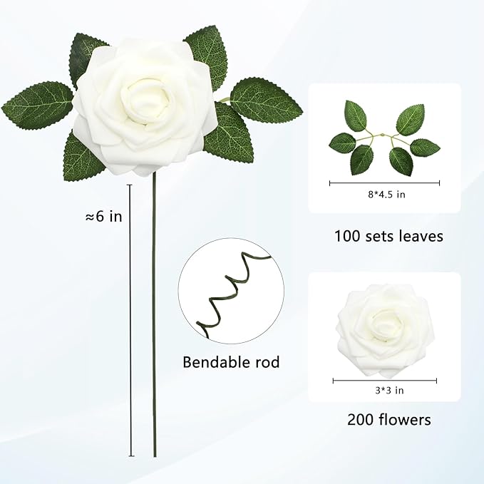 JOYLEX 200Pcs White Artificial Flowers Realistic Roses, Real Looking Fake Roses with Stem for DIY Wedding Bouquets Centerpieces Bridal Shower Party Home Romantic Decorations (White, 200pcs)