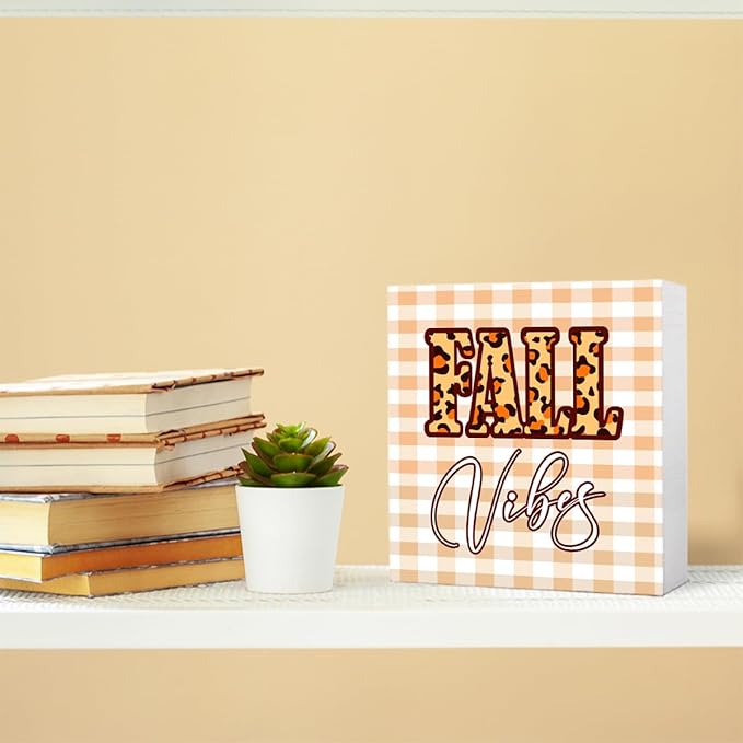 Funny Autumn Pumpkin Wood Box Sign Fall Vibes Wooden Block Desk Decor for Home Office Kitchen Cubicle Table Shelf Tabletop,Farmhouse Fall Sign Decor