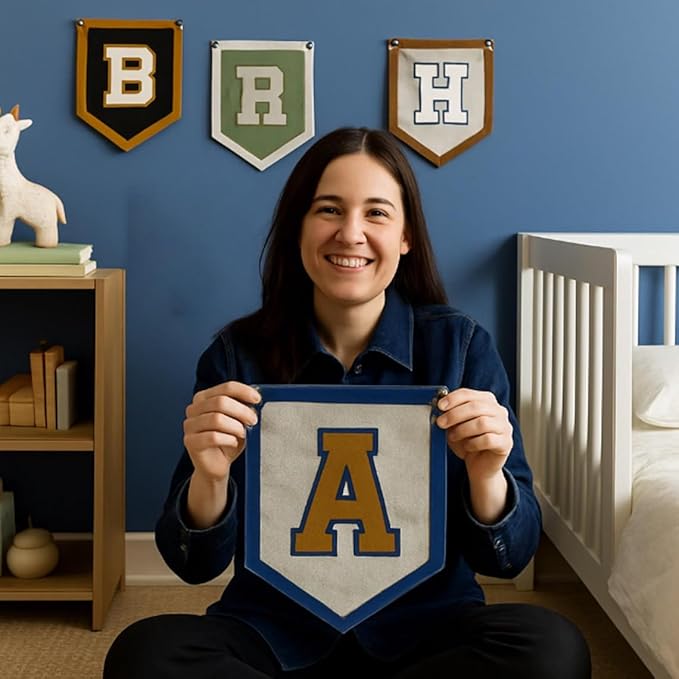 Personalized Name Pennant Flag, Handmade Custom Initial Felt Nursery Pennant for Boy Girl, Baby Name Banner Flag Wall Hanging for Toddler Bedroom Dorm Baby Shower Kids Room