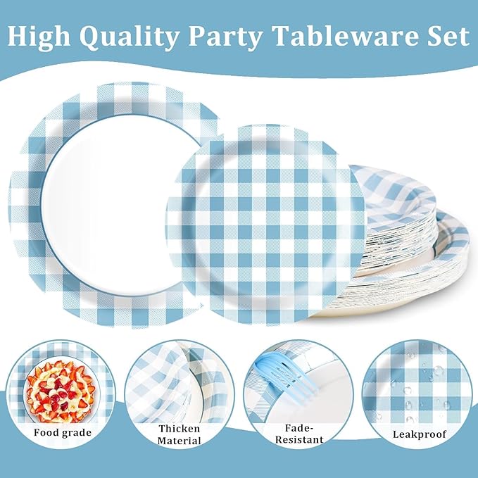 Blue Gingham Plates and Napkins Party Supplies, Blue and White Disposable Tableware Set, Checkered Plaid Paper Plates for Birthday Family Dinner Picnic Barbecue Baby Shower Decor Serves 25