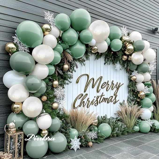 Sage Green White Balloon Garland Double Stuffed Dusty Green White Pearl Balloons Olive Pastel Balloon Arch Kit for Neutral Baby Shower Bridal Shower Birthday Baptism Christmas Party Decorations