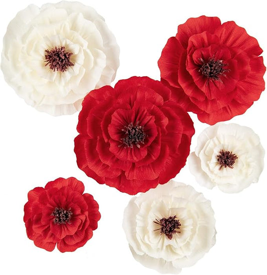 Paper Flower Decorations for Wall, Flower Wall Decor for Birthday Wedding Backdrop Baby Nursery Wall Decor Baby Showers Bridal Shower (Red+White, 6Pcs)