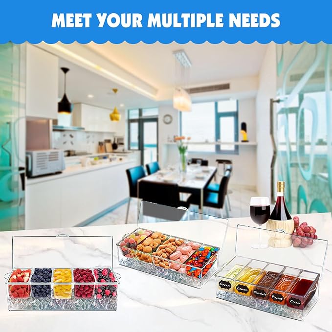 Chilled Condiment Server Tray, Bar Fruit Caddy with Lid and 5 Removable Compartments, Clear Ice Condiment Serving Tray for Party, Toppings Bar Container, Garnish