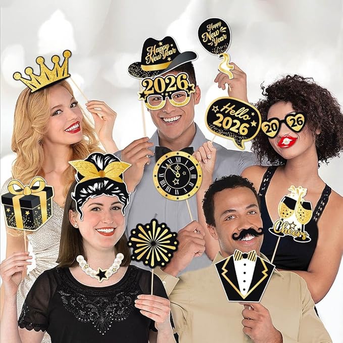 30 PCS New Year Photo Booth Props 2026 New Year Eve Photo Booth Props 2026 Happy New Year Decorations New Year’s Eve Party Supplies Favors for Pictures
