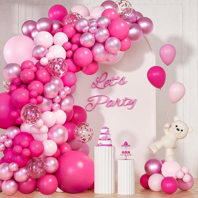 Pink Balloon Garland Arch Kit,139pcs Hot Pink Pastel Metallic Confetti Balloons for Wedding Bridal Birthday Princess Baby Shower Party Decorations