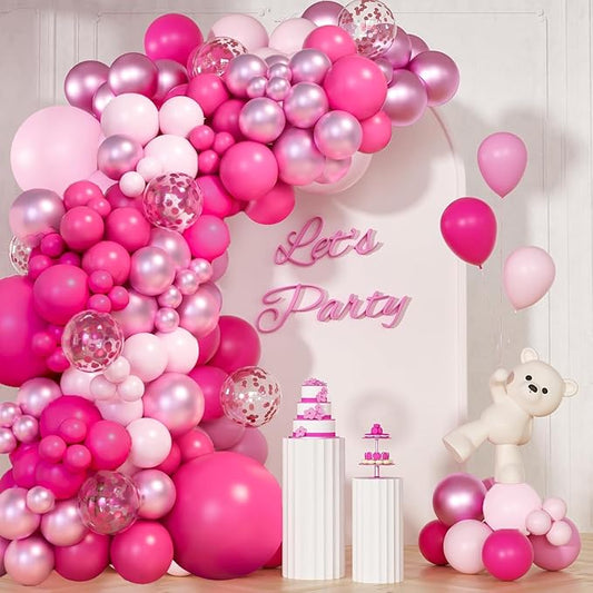 Pink Balloon Garland Arch Kit,139pcs Hot Pink Pastel Metallic Confetti Balloons for Wedding Bridal Birthday Princess Baby Shower Party Decorations
