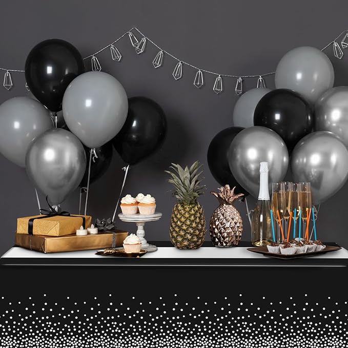 3Pcs Black and Silver Tablecloth Party Decorations,Plastic Black Table Cloth Printed Silver Table Runner Disposable Rectangle Table Cover for Birthday Anniversary Wedding Graduation Party,54 x108 Inch