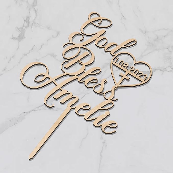 Personalized God Bless Cake Topper in Wood - Custom Baptism Cake Topper for Girl or Boy (Style-3)