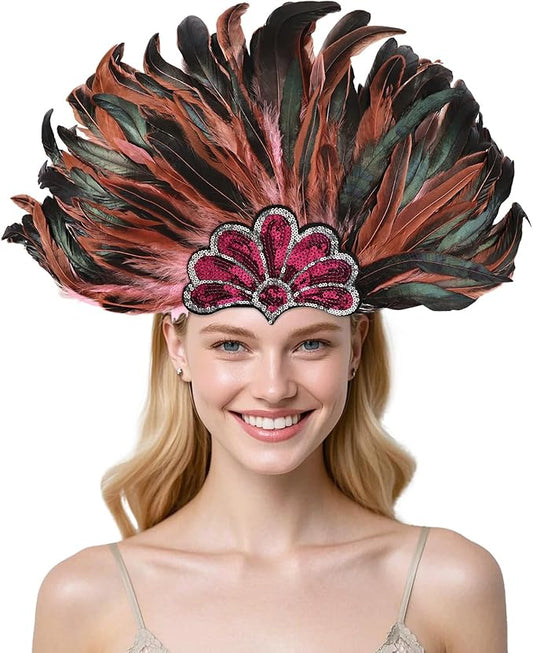 Women's Carnival Feather Headpieces Sequin Headdress for Wedding Masquerade Party Cosplay Feather Headbands
