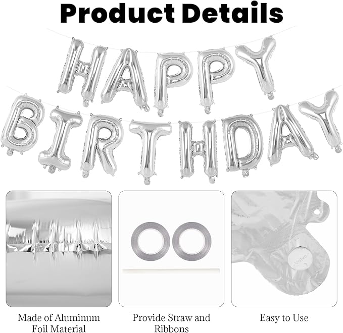 65 Pcs Silver Happy Birthday Balloons and 2 Sets A-Z Letters Foil Balloons, 16 Inch Personalized Name Happy Birthday Banners for Wedding Baby Shower Anniversary Party Decorations (Silver)