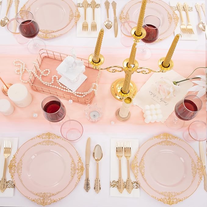 Morejoy 175pcs Pink Plastic Plates - Pink and Gold Disposable Plates, 10.25 inch Plastic Dinner Plates, Perfect for Wedding & Party & Holiday