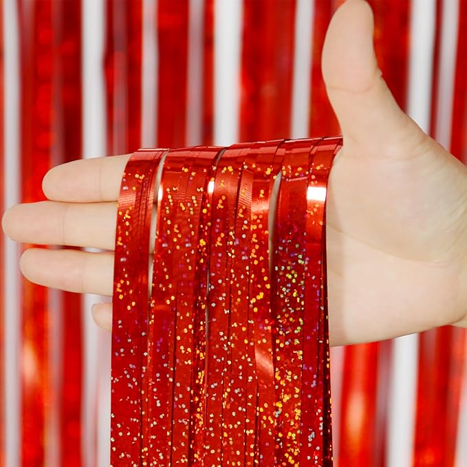 Melsan 2 Pack Red Tinsel Foil Fringe Curtains Backdrop, Sparkle Tinsel Backdrop Streamers for Christmas Valentines Veterans Birthday Party Decorations
