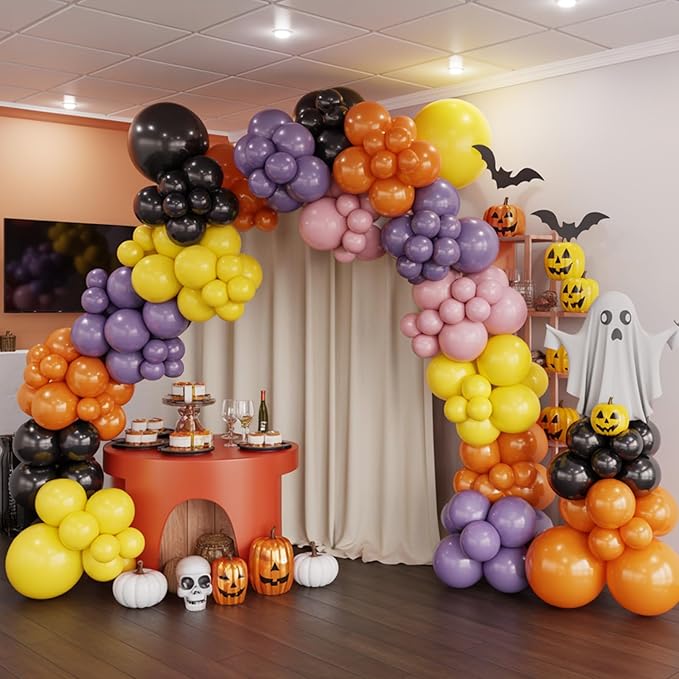 Halloween Balloon Arch Kit,120PCS Halloween Pastel Pink Black Orange Purple Balloons, Ghost Foil Ballons for Halloweenday Party Decorations BOO Party Supply Birthday,Baby Shower