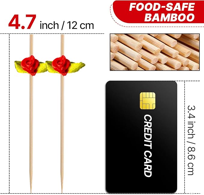 PuTwo Cocktail Picks 4.7 Inch 100pcs Bamboo Fancy Skewers Toothpicks for Appetizers Red Rose Flower Toothpicks for Food Drink Fruit Sandwich Charcuterie Boards Accessories Wedding Party Supplies