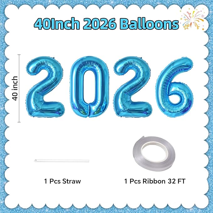 KALOR 42 Inch 2026 Blue Foil Mylar Number Balloons, Giant 2026 New Years Decorations for 2026 Happy New Year Eve and Graduations Party Supplies