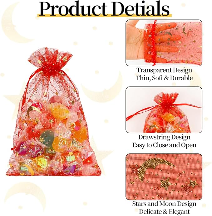 Moon Star Organza Bags 4x6 Small Mesh Bag Drawstring 50 Pcs Mesh Gift Bags Drawstring Pouch Wedding Favor Bags Jewelry Pouches Bulk Gift Pouch for Candy Soaps Birthday Festival Party Supplies, Red