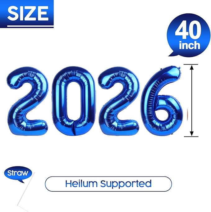 2026 Balloon - 2 Pack Metallic Blue Birthday Number Balloons, 40 Inch Large Foil Balloons for Men Women Boys Girls Navy Blue Themed Birthday Decorations，Number 2026 Balloon