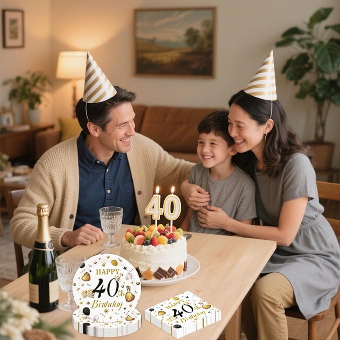 75PCS 40th Birthday Plates and Napkins Party Decorations, 7 Inch White and Gold Happy 40th Birthday Paper Dessert Cake Plates and Napkins Set Disposable Tableware Party Favors for Women Men