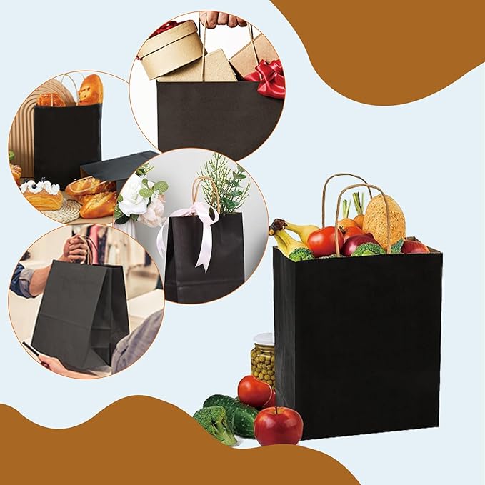 BAG BOX 100 Pack Medium 8.25x4.3x10.6 Inch Black Kraft Paper Gift Bags with Handles for Bulk Shopping, Retail, Craft, Party Favors, Wedding, Grocery & Sacks
