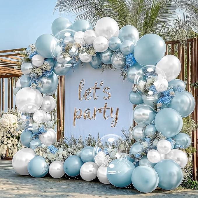 Pearl Blue Balloon Arch Double Stuffed Pastel Light Baby Blue Metallic Balloon Garland Kit Different Sizes 12/10/5in With Clear Bobo Balloons for Birthday Wedding Bridal Baby Shower Summer Party Decor