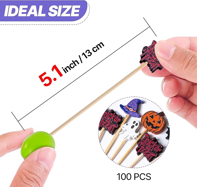PuTwo Halloween Cocktail Picks 4.7 Inch 100pcs Bamboo Fancy Skewers Toothpicks for Appetizers Food Drink Fruit Sandwich BBQ Halloween Cocktail Party Charcuterie Boards Accessories Party Supplies