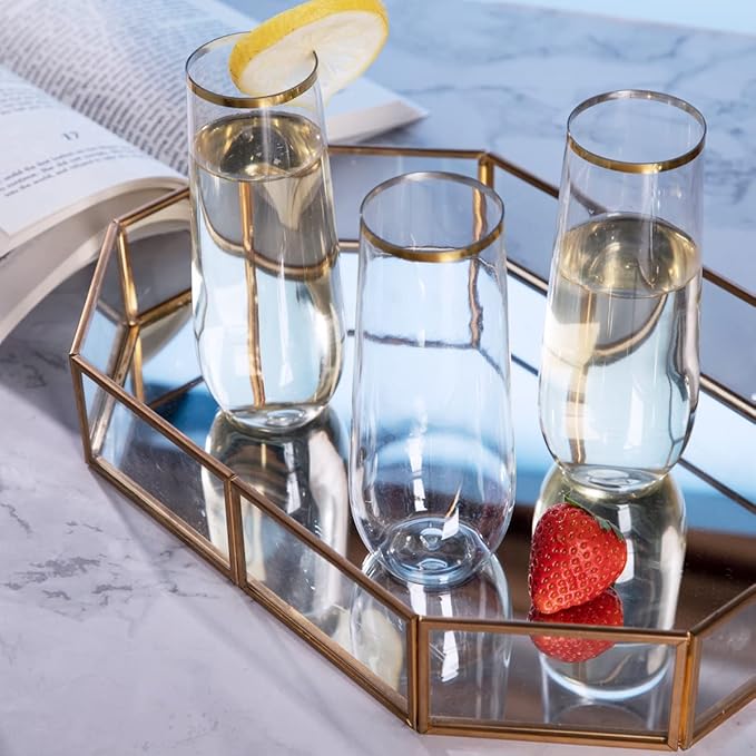 SUT 24 Pieces Stemless Plastic Champagne Flutes, 9oz Gold Rim Plastic Champagne Glasses, Clear Toasting Glasses, Unbreakable, Shatterproof Cocktail Cups for party/wedding