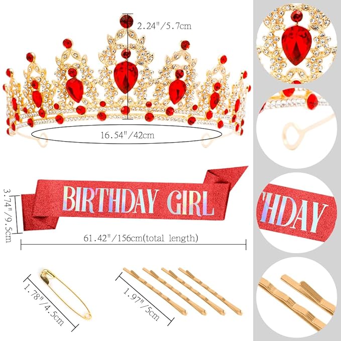 Birthday Crown Headband Birthday Sash Tiaras for Women Red Crown Princess Tiara Red Tiara Birthday Tiara for Women Tiara Headbands for Women Birthday Sash and Crown for Birthday Party, Gold+Red