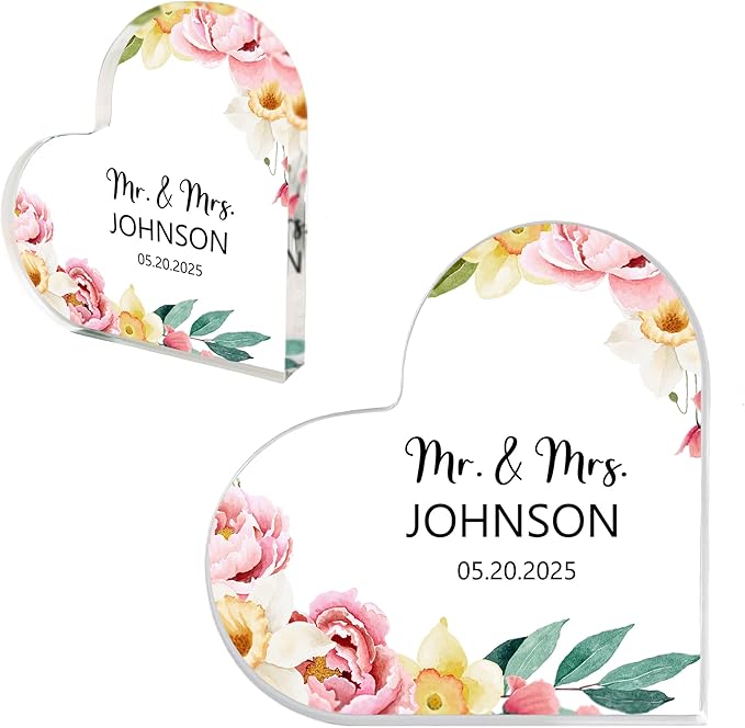 Custom Wedding Heart Acrylic Plaque,Mr & Mrs Cake Topper,Personalized Wedding Keepsake/Gift/Sign (Style 1)