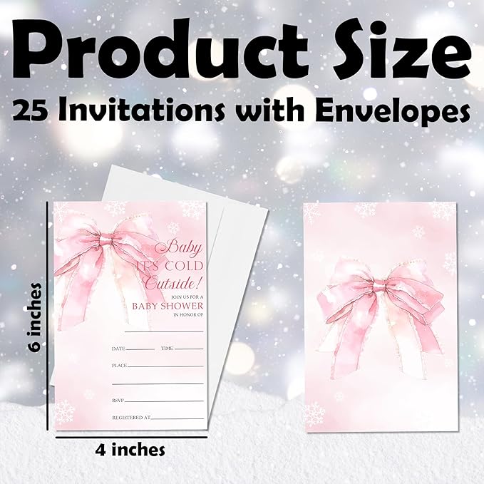 4'' x 6'' Baby It's Cold Outside Baby Shower Invitations - 25 Watercolor Pink Bow Invited Cards with Envelopes - Winter Announcement Invites for Girls, Gender Reveal Party Supplies & Decor -A02