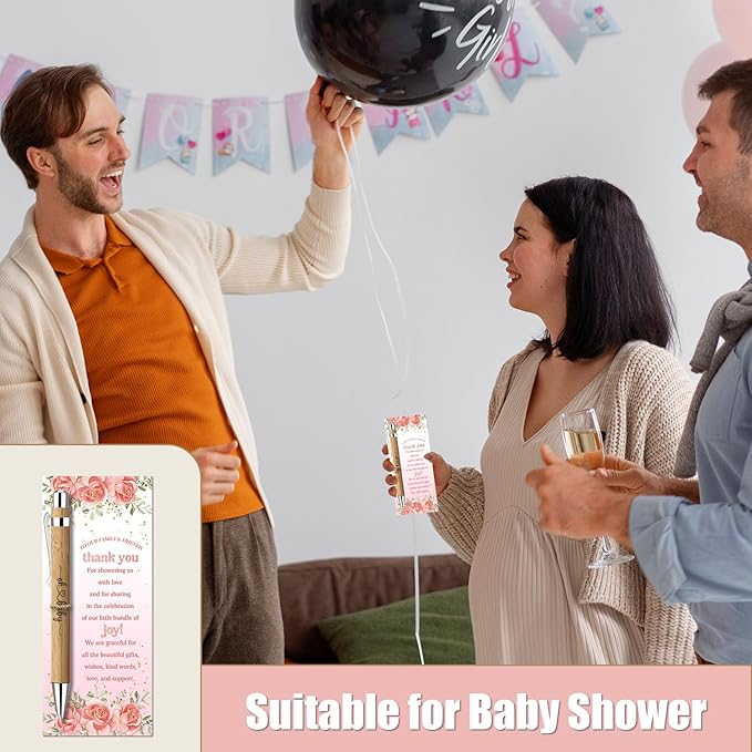 Toerifer 30 Pcs Floral Baby Shower Gifts, Gender Reveal Favors for 30 Guest, Baby Shower Sets, Included Bamboo Pens Thanks Cards, Gender Reveal Souvenirs Prizes, Pink Flower Girls Party Decorations