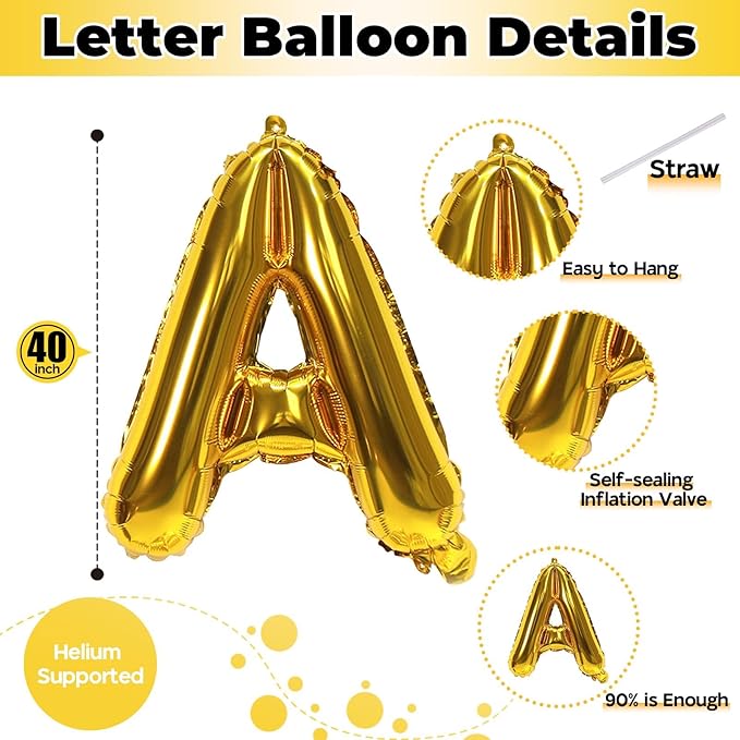 Letter Balloons Gold, 40 Inch Alphabet Name Balloons, Large Mylar Self Inflating Custom Balloon Letters A Decor, Helium Foil Customize Letter Balloons for Men Women Birthday Party Decorations Supplies