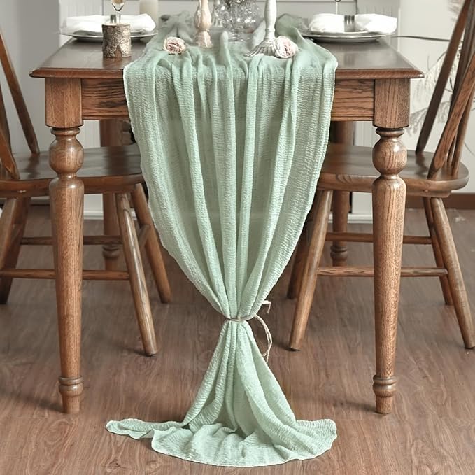 Artoid Mode Boho Cheesecloth Gauze Sage Green Wedding Table Runner, 120 Inch Seasonal Fabric Kitchen Dining Holiday Table Decor for Home Party Indoor
