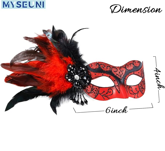 2025 New Red Masquerade Venetian Mask for Women - Womens Mascarade Mask with Feathers for Masquerade Party, Halloween Ball, Cosplay Prom, Christmas, Birthday, Wedding