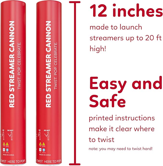 2 Pack Streamer Cannon Confetti Poppers | Biodegradable Red Confetti | TUR Party Supplies | Launches Up to 25ft | Giant (12 in) | Party Poppers for Graduation, Birthdays, Weddings, Valentine's